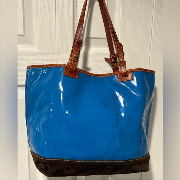 Dooney & Bourke Glossy Blue and Brown Tote - Picture 11 of 13